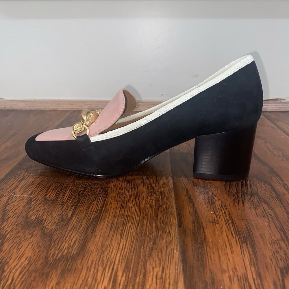TORY BURCH Jessa Mid Heel Pump Loafers 5 Black Suede Pink Leather Slip On Gold - Picture 7 of 9